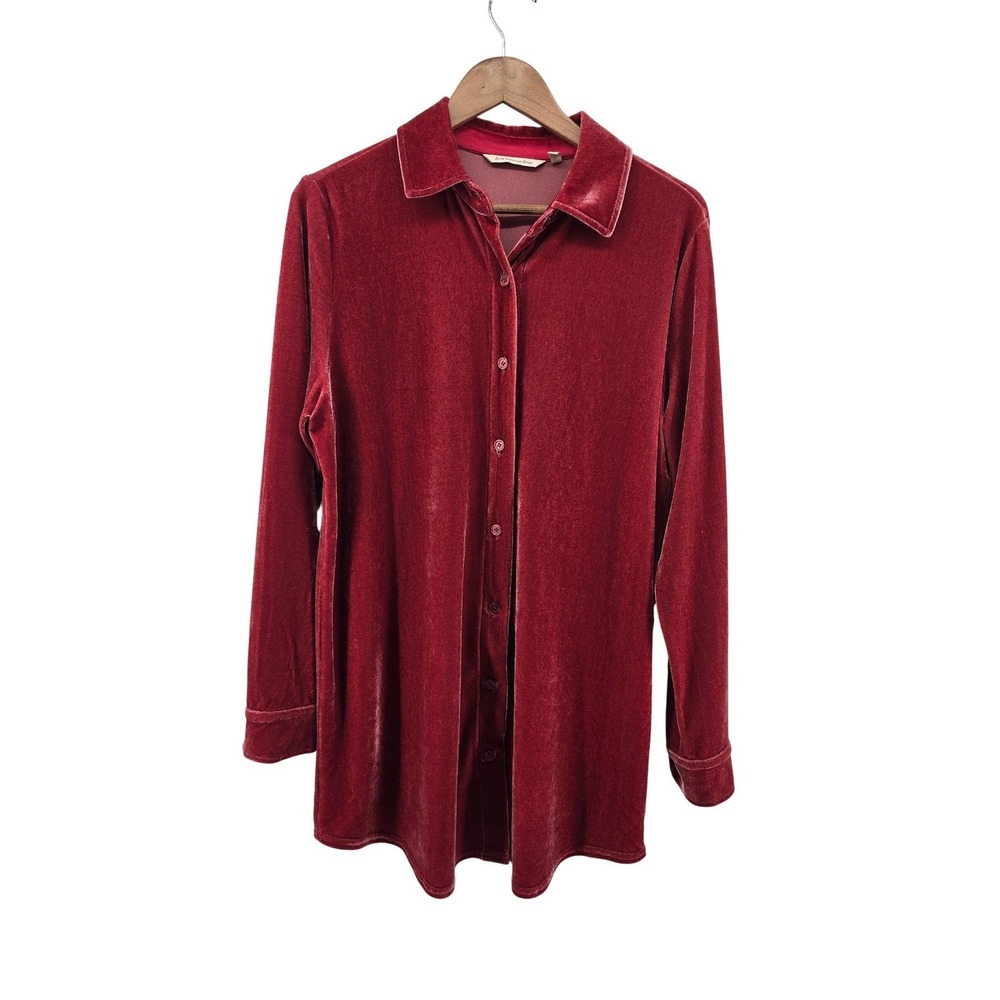 Soft Surroundings Shirt Womens Medium Burgundy Velvet Button‎ Up Tunic 2FW39 Red